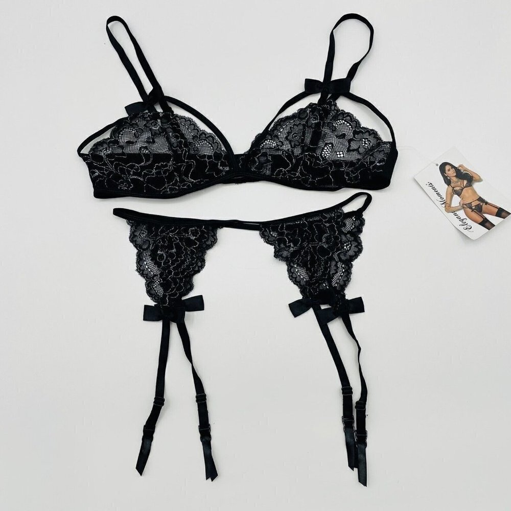Elegant Moments Womens Size XL Esme Silver Lace Bra & Garter Set Style-5490 1081
